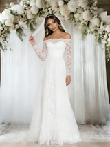 A-Line White Lace Long Sleeve Wedding Dress