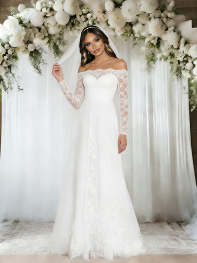 A-Line White Lace Long Sleeve Wedding Dress