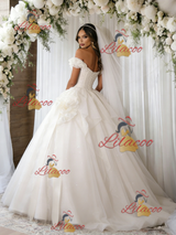 Beige White Tulle Sequins Off the Shoulder Wedding Dress