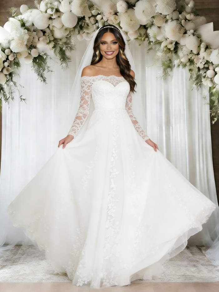 A-Line White Lace Long Sleeve Wedding Dress