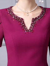 Fuchsia Beading Short Sleeve Mother Of The Bride Dress