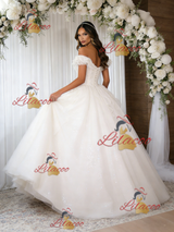 Beige White Tulle Sequins Off the Shoulder Wedding Dress