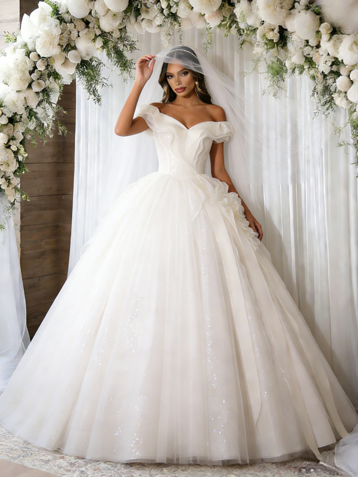 Beige White Tulle Sequins Off the Shoulder Wedding Dress