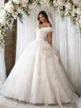 Beige White Tulle Sequins Off the Shoulder Wedding Dress