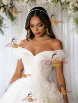 Beige White Tulle Sequins Off the Shoulder Wedding Dress