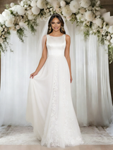 White Tulle Lace Scoop Neck Wedding Dress