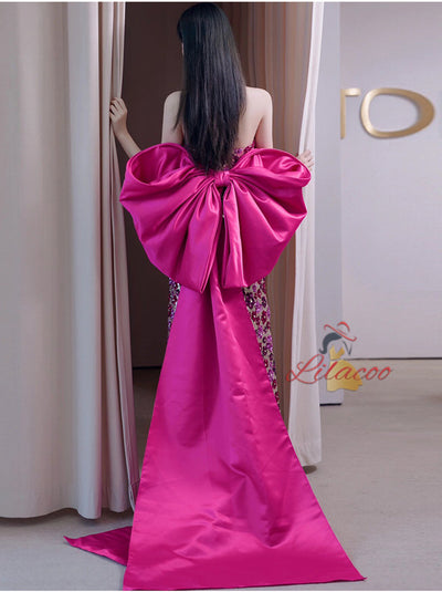 Fuchsia Sequins Strapless Bow Prom Dress