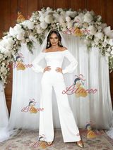 White Off the Shoulder Long Sleeve Jumpersuit