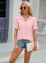Solid Color Lapel Short Sleeve Pleated Loose T-shirt