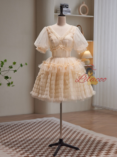 Champagne Tulle V-neck Beading Homecoming Dress