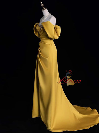 Yellow Satin Pleats Beading Prom Dress