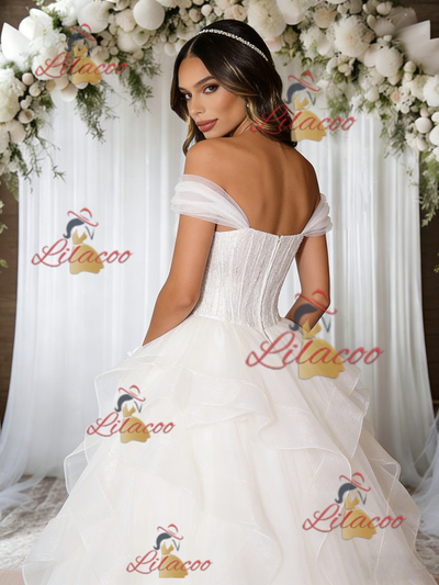 White Tulle Off the Shoulder Wedding Dress