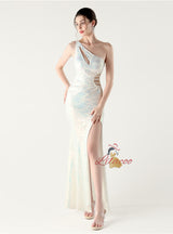 One Shoulder Mermaid Sequins Beading Prom Dress