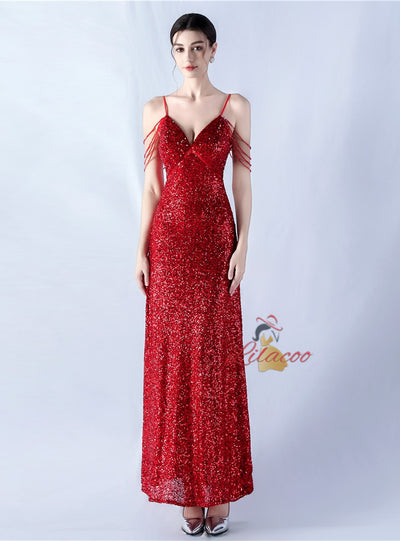 Spaghetti Straps V-neck Beading Prom Dress