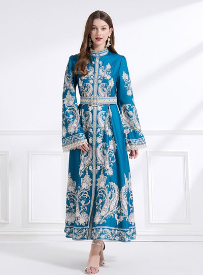 Retro Flared Sleeve Round Neck Printed Dress