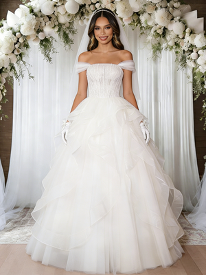 White Tulle Off the Shoulder Wedding Dress