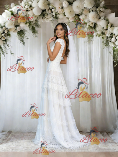 White Lace V-neck Wedding Dress