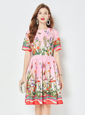 Slim-fit Mid-length Short-sleeved Printed Dress