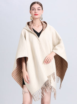 Double-sided Hooded Tassel Check Shawl Cloak