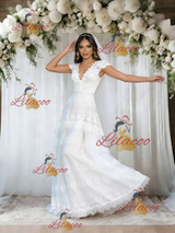White Lace V-neck Wedding Dress
