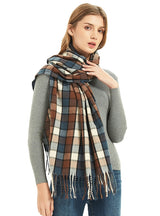 Black and White Fringed Plaid Scarf Shawl