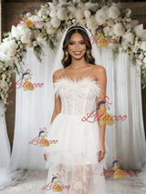 White Tulle Lace Strapless Feather Wedding Dress