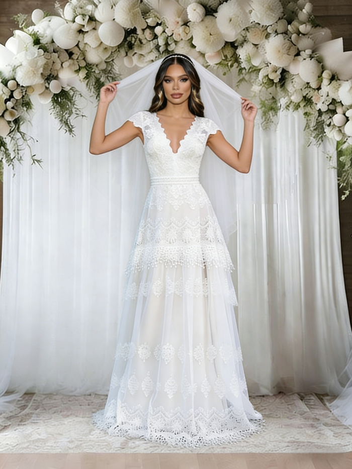 White Lace V-neck Wedding Dress