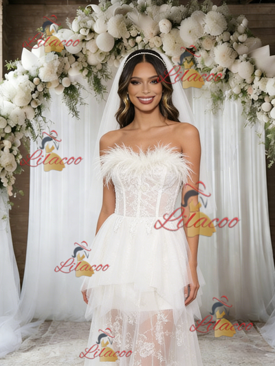 White Tulle Lace Strapless Feather Wedding Dress