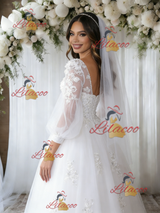 White Tulle 3/4 Sleeve Appliques Wedding Dress
