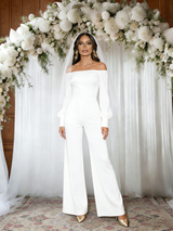 White Off the Shoulder Long Sleeve Jumpersuit