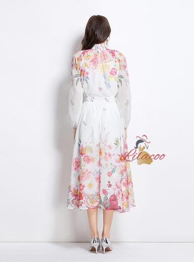 Long-sleeved Printed Chiffon Top Skirt Suit