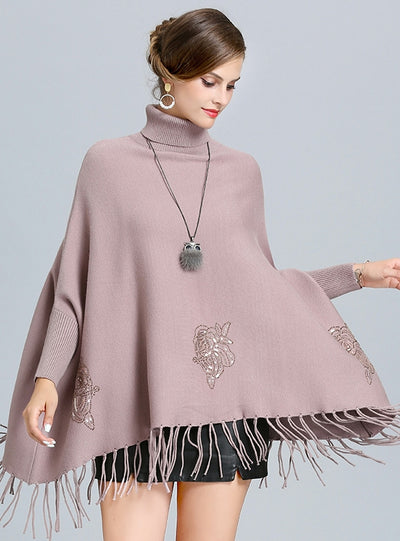 Loose High-necked Fringed Bat Sleeve Cloak Shawl