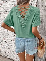 Solid Color Beaded Round Neck T-shirt