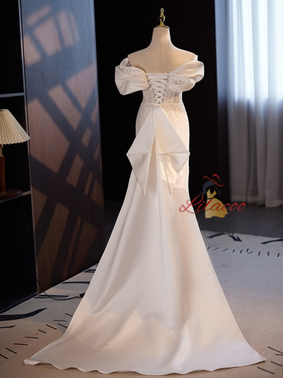 White Mermaid Lace Satin Pearls Wedding Dress