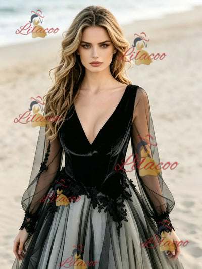 Black Long Sleeve Appliques Wedding Dress