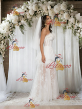 White Tulle Lace Strapless Feather Wedding Dress