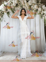 White Lace V-neck Wedding Dress