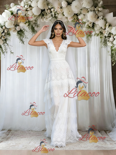 White Lace V-neck Wedding Dress
