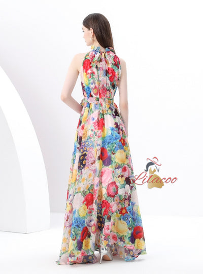Seaside Holiday Halter Printed Chiffon Dress
