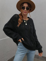Twisted Rope Solid Color Loose Round Neck Sweater