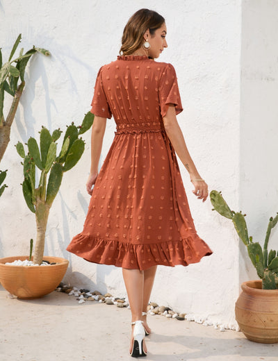 V-neck High Waist Short Sleeve Dress