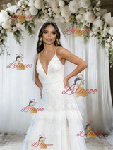 White Lace Spaghetti Straps Wedding Dress