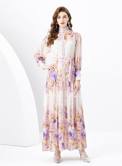 Retro Long Sleeve Slim Printed Dress