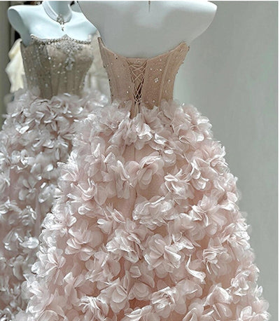 Pink Tulle 3D Flower Beading Quinceanera Dress