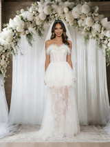 White Tulle Lace Strapless Feather Wedding Dress