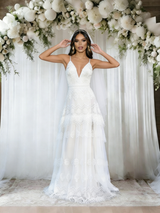 White Lace Spaghetti Straps Wedding Dress
