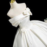 Beige White Satin Flower Pleats Wedding Dress