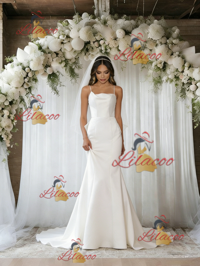 White Mermaid Spaghetti Straps Wedding Dress