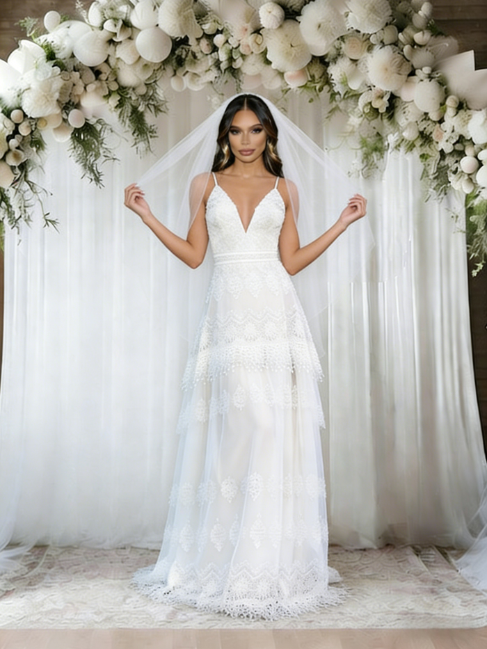 White Lace Spaghetti Straps Wedding Dress