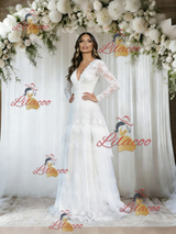 White Lace Long Sleeve V-neck Wedding Dress